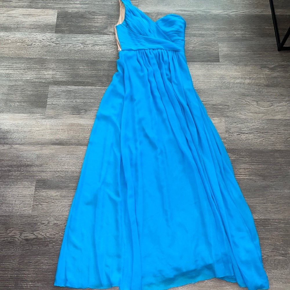 7/8 Hailey Logan by Adrianna Papell Blue Tan Rhinestone Back One Strap Dress